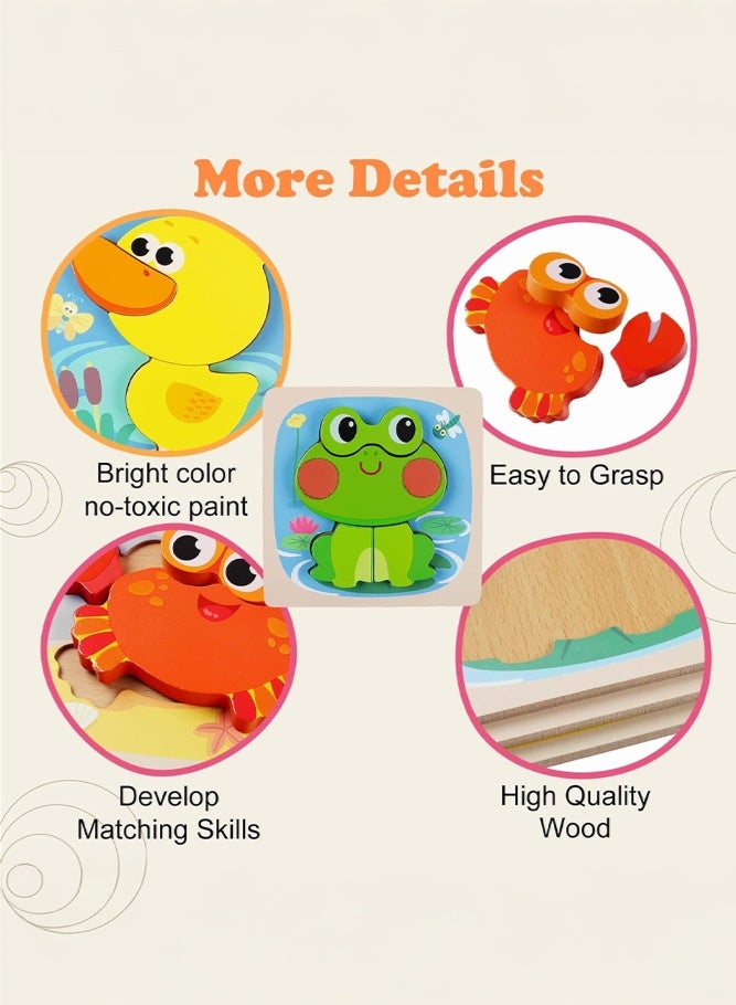 SHABILI Wooden Puzzles for Toddlers Ages 3+, 3D Chunky Animal Puzzle Set with Large Stand-Up Pieces and Smooth Rounded Edges, Montessori Toy for Color & Shape Recognition and Fine Motor Skills, Fish Frog Duck Crab 4 Pack Gifts - Image 4
